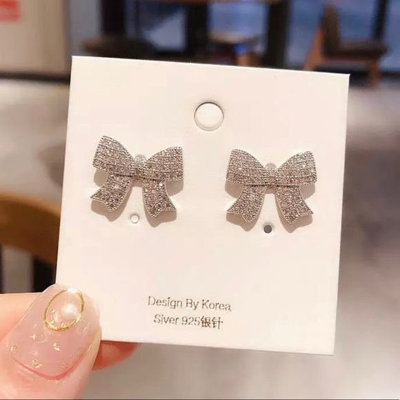 Platinum Plated CZ Crystal Bow Stud Earrings - Picture 3 of 4